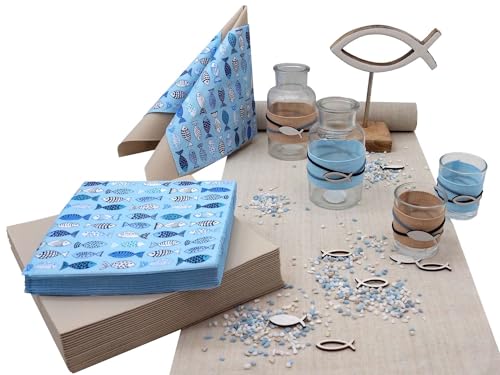 ZauberDeko Tischdeko Kommunion Konfirmation Blau Fisch Holz Tischaufsteller Set 20 Personen von ZauberDeko