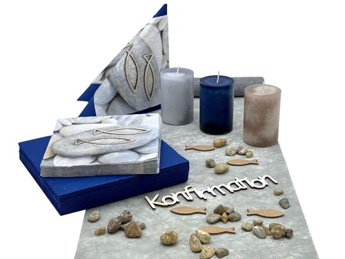 ZauberDeko Tischdeko Kommunion Konfirmation Blau Grau Fische Schriftzug Holz Set 20 Personen, Modell:Konfirmation von ZauberDeko