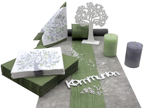 ZauberDeko Tischdeko Kommunion Konfirmation Grün Weiß Grau Baum des Lebens Set 20 Personen von ZauberDeko