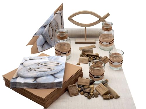 ZauberDeko Tischdeko Kommunion Konfirmation Natur Braun Fisch Stein Holz Set 20 Personen von ZauberDeko