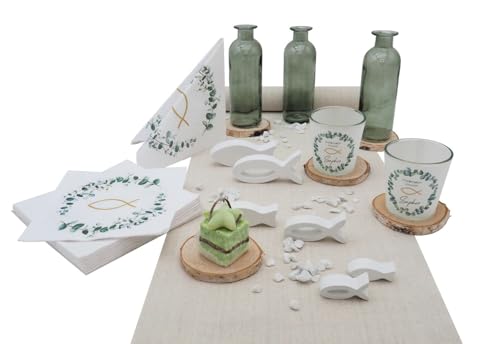 ZauberDeko Tischdeko Personalisiert Kommunion Konfirmation Eukalyptus Salbei Vasen Natur Holz Set 20 Personen von ZauberDeko