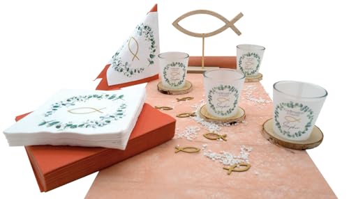 ZauberDeko Tischdeko Personalisiert Windlicht Kommunion Konfirmation Eukalyptus Orange Terracotta Natur Holz Set 20 Personen von ZauberDeko