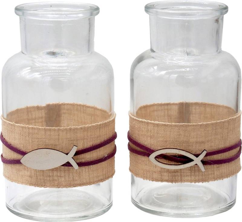 ZauberDeko Tischvase Vase Tischdeko Fisch Leinen Natur Mauve Kommunion Konfirmation 2 Stück von ZauberDeko