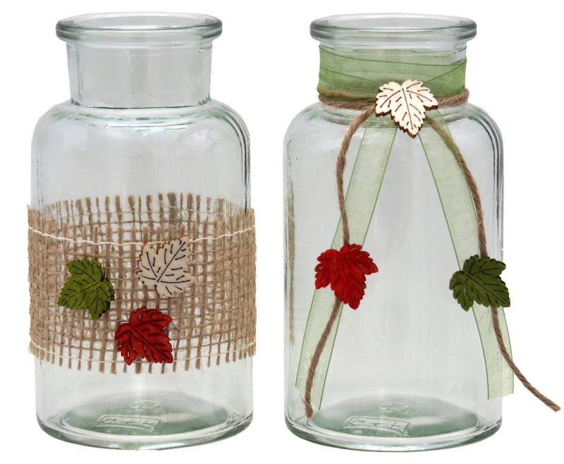ZauberDeko Tischvase Vasen Herbst Herbstblatt Rot Grün Glas Jute Tischdeko Deko 2 Stück von ZauberDeko