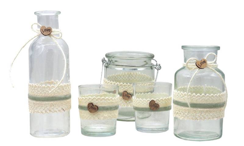 ZauberDeko Tischvase Vasen Windlicht Teelicht Hochzeit Vintage Spitze Salbei Deko SET von ZauberDeko