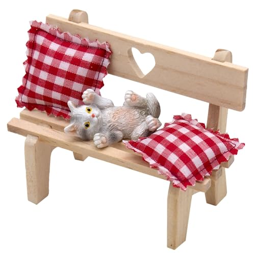 ZauberDeko Wichtel Zubehör Holzbank Herz Kissen Katze liegend Puppenhaus Miniatur Set 4-teilig von ZauberDeko