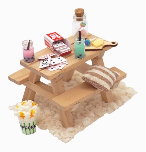 ZauberDeko Wichtel Zubehör Miniatur Tisch mit Bänken Karten Essen Getränke Puppenhaus Set, Form:A von ZauberDeko
