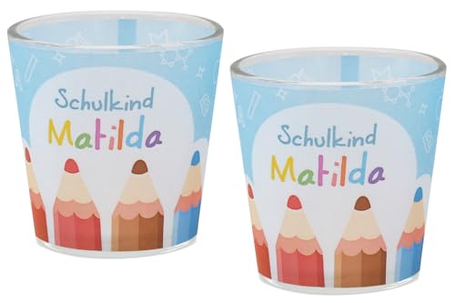 ZauberDeko Windlicht Banderole Buntstifte Kerzenglas Votivglas Einschulung Schulbeginn PERSONALISIERT 7,5cm Hoch, Menge:2 Stück von ZauberDeko