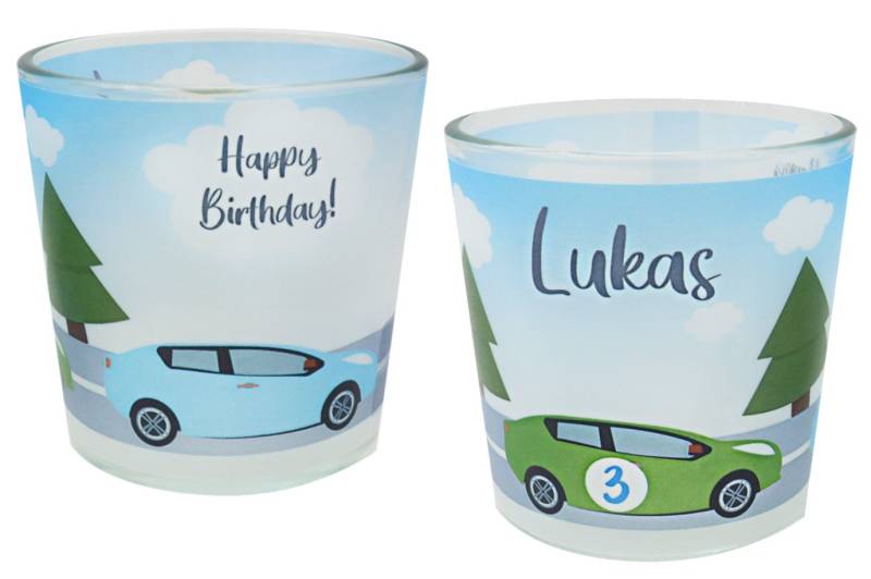 ZauberDeko Windlicht Windlicht Banderole Auto Kinder Geburtstag Kerzenglas MIT NAME 7,5cm H von ZauberDeko
