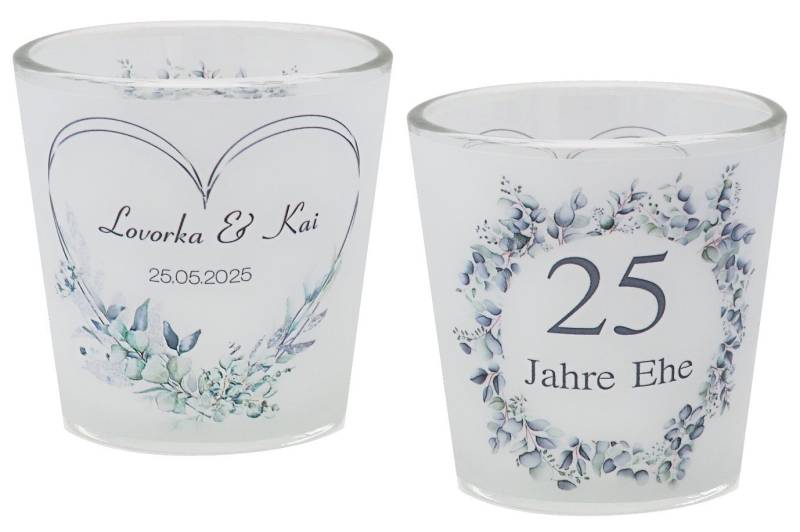 ZauberDeko Windlicht Windlicht Banderole Silberhochzeit Eukalyptus PERSONALISIERT 7,5cm H von ZauberDeko