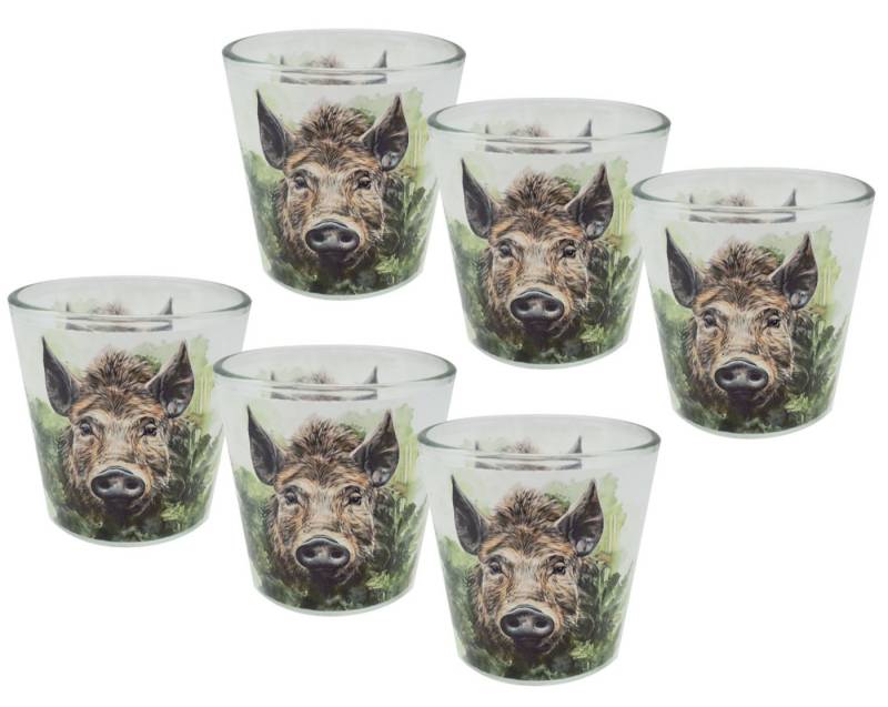 ZauberDeko Windlicht Windlicht Banderole Wildschwein Wald Grün Kerzenglas Herbst 7,5 cm H von ZauberDeko
