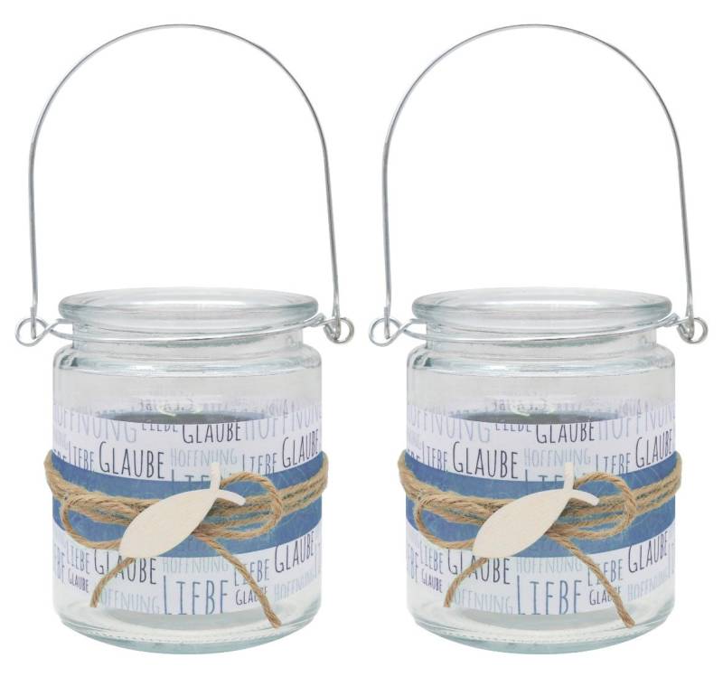 ZauberDeko Windlicht Windlicht Glaube Liebe Hoffnung Dunkelblau Fisch Kommunion 9cmH 2 Stk von ZauberDeko