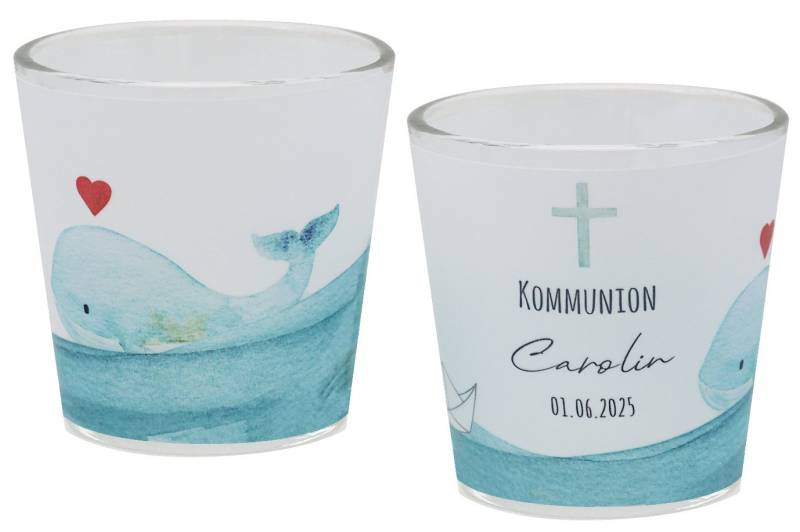 ZauberDeko Windlicht Windlicht Wal Papierboot Blau Kommunion Konfi PERSONALISIERT 7,5cmH von ZauberDeko