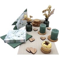 Tischdeko Hochzeit Salbei Eukalyptus Holz Natur Herz Vase Kerze Set 20 Personen von ZauberDekoShop