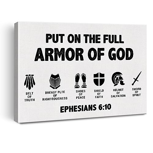 Inspirierender Bibelvers christlicher Wandkunst, Leinwandbild, gerahmt, "Put on the Full Armor of God Epheser", 6:10, Skripturen, Leinwand-Poster, Schild für Heimbüro-Dekoration (30,5 x 38,1 cm) von Zauly