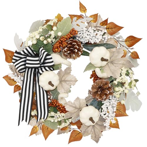 Zavothy 50cm Künstliche Kürbisse Kranz, Künstlicher Herbst Ahornblatt Kranz mit Haustür Dekoration Ahornblätter Kürbis Bunte Beeren für Thanksgiving Weihnachten Wandschmuck, Grün und weiß von Zavothy