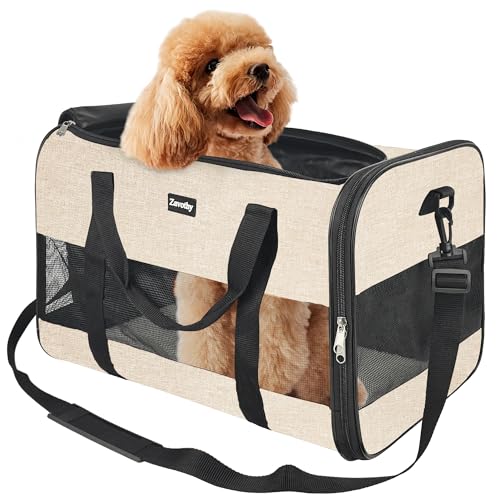 Zavothy Transporttasche für Katzen und Hunde, Transporttasche, atmungsaktiv und faltbar, Transportbox für Katzen mit verstellbarem Schultergurt, Abnehmbare Plüschmatratze (Beige, L) von Zavothy
