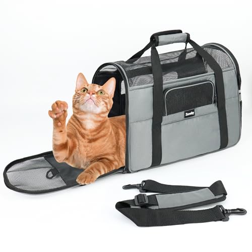 Zavothy Transporttasche für Katzen und Hunde, Transporttasche, atmungsaktiv und faltbar, Transportbox für Katzen mit verstellbarem Schultergurt, Abnehmbare Plüschmatratze (Grau, M) von Zavothy