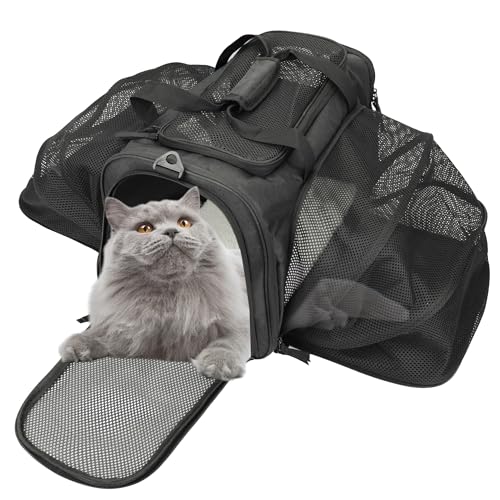 Zavothy Transporttasche für Katzen und Hunde, Transporttasche, atmungsaktiv und faltbar, Transportbox für Katzen mit verstellbarem Schultergurt, Abnehmbare Plüschmatratze (Schwarz, XL) von Zavothy