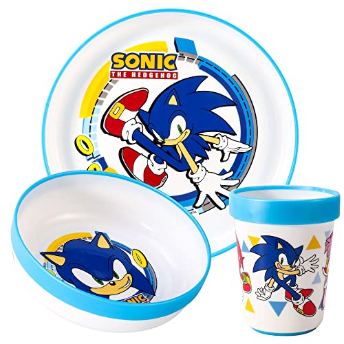 Sonic The Hedgehog 3-teiliges zweifarbiges Premium-Geschirr-Set für Kinder, Teller, Schüssel und Becher, BPA-frei von Zawadi Global