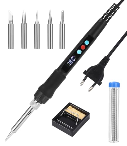 Zawaer Lötkolben Set,100W LED Lötkolben mit Einstellbare und Verriegelte Temperaturen 180℃-500℃,mit ON/OFF,10g Lötdraht, 5 Lötspitzen,Lötkolbenständer, Lötset für Elektrische Arbeiten und Hausgebrauch von Zawaer
