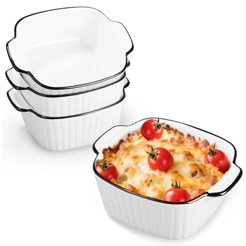 Zaxiva 4 Stück Auflaufform Keramik Set, 400ML Auflaufform Klein, 14.5 x 11.5 x 5.5 cm, Quadratische Backform, Kleine Keramik Backformen mit Griffen, Heißluftfritteuse, Backofen und Mikrowellen Sicher von Zaxiva