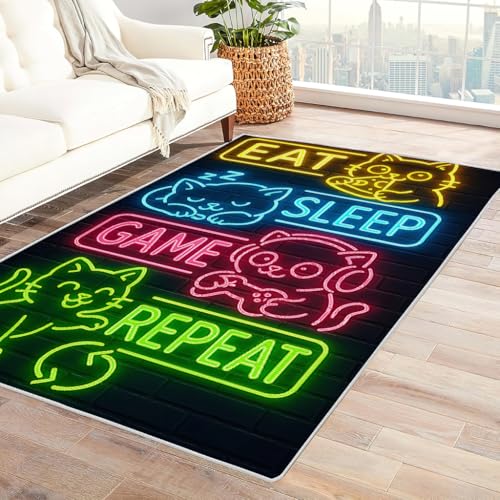 Teppich 60x90 cm, Katzen-Gaming-Schild – Essen, Schlafen, Spielen, Wiederholen Muster, Wohnzimmerteppich, Weicher Kurzflor Große Teppiche für Schlafzimmer, Kinderzimmer, Flur, Antirutsch, Waschbarer Teppich 60x90 cm, Katzen-Gaming-Schild – Essen, Schlafen, Spielen, Wiederholen Muster, Wohnzimmerteppich, Weicher Kurzflor Große Teppiche für Schlafzimmer, Kinderzimmer, Flur, Antirutsch, Waschbarer von Zbeiba