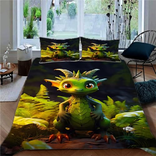 Zbeiba Bettwäsche 135x200 cm,grün Drachen Triceratops Bettwäsche Set,Bettbezug 3teilig, Hypoallergen Mikrofaser Bettbezüge Mit 2Kissenbezug Für Kinder(T2,135x200+2 * 80x80) von Zbeiba