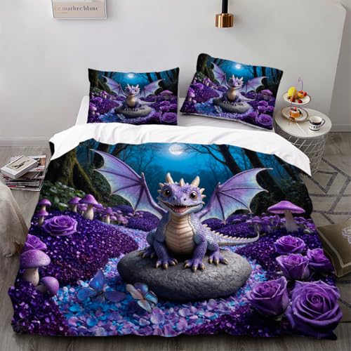 Zbeiba Bettwäsche 135x200cm Set 3 Teilige,Kinder Junge Mädchen Bettbezug + 2 Kissenbezug,Süßes kleines Monster, lila Drache Dinosaurier Motiv（135x200+2 * 80x80,Sti9） von Zbeiba