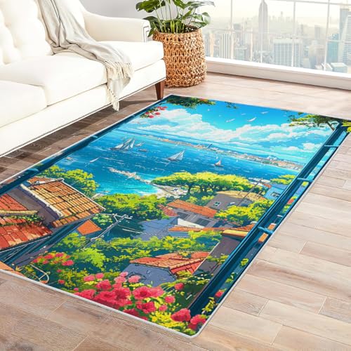 Zbeiba Modern Teppich 80x150 cm, Mediterrane Kleinstadt Landschaft Muster, Wohnzimmerteppich, Weicher Kurzflor Große Teppiche für Schlafzimmer, Kinderzimmer, Flur, Antirutsch, Waschbarer Zbeiba Modern Teppich 80x150 cm, Mediterrane Kleinstadt Landschaft Muster, Wohnzimmerteppich, Weicher Kurzflor Große Teppiche für Schlafzimmer, Kinderzimmer, Flur, Antirutsch, Waschbarer von Zbeiba