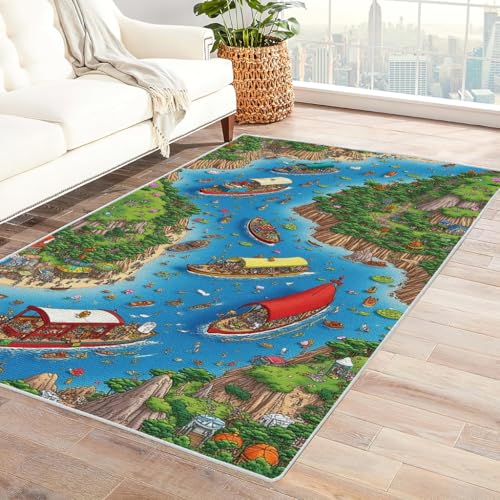 Zbeiba Teppich 50x80 cm, Cartoon-Karte Dampfschiff 3D Muster, Wohnzimmer Teppich,Weicher Kurzflor Teppiche für Schlafzimmer, Kinderzimmer, Flur, Antirutsch, Waschbarer,Heimdekoration von Zbeiba