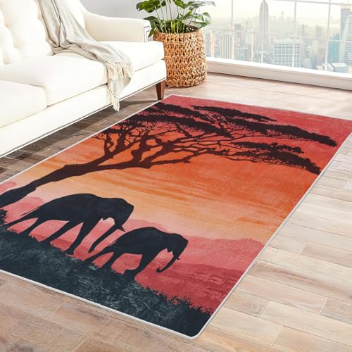 Zbeiba Teppich 50x80 cm, Elefant auf afrikanischer Steppe 3D Muster, Wohnzimmer Teppich,Weicher Kurzflor Teppiche für Schlafzimmer, Kinderzimmer, Flur, Antirutsch, Waschbarer,Heimdekoration von Zbeiba