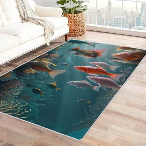 Zbeiba Teppich 50x80 cm, Goldfisch schwimmt im Meer 3D Muster, Wohnzimmer Teppich,Weicher Kurzflor Teppiche für Schlafzimmer, Kinderzimmer, Flur, Antirutsch, Waschbarer,Heimdekoration von Zbeiba