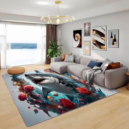 Zbeiba Teppich 50x80 cm, Haie 3D Muster, Wohnzimmer Teppich,Weicher Kurzflor Teppiche für Schlafzimmer, Kinderzimmer, Flur, Antirutsch, Waschbarer,Heimdekoration von Zbeiba