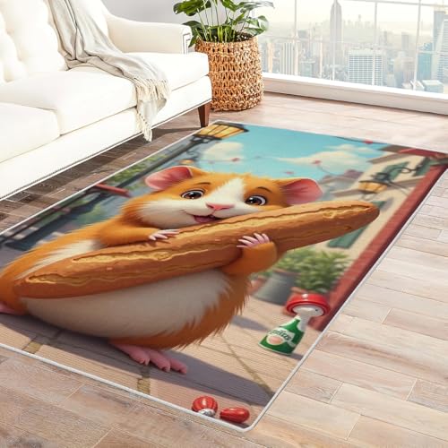 Zbeiba Teppich 50x80 cm, Hamster mit Hotdog 3D Muster, Wohnzimmer Teppich,Weicher Kurzflor Teppiche für Schlafzimmer, Kinderzimmer, Flur, Antirutsch, Waschbarer,Heimdekoration von Zbeiba