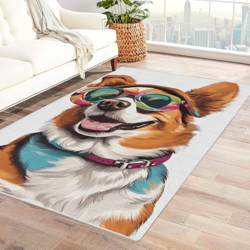 Zbeiba Teppich 50x80 cm, Haustierhund mit Sonnenbrille 3D Muster, Wohnzimmer Teppich,Weicher Kurzflor Teppiche für Schlafzimmer, Kinderzimmer, Flur, Antirutsch, Waschbarer,Heimdekoration von Zbeiba