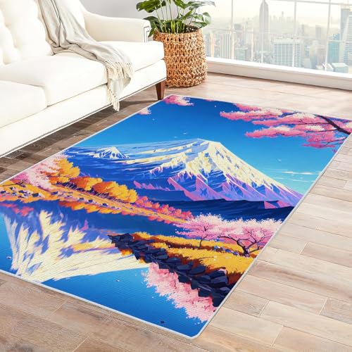Zbeiba Teppich 50x80 cm, Japanische Kirschblüten Berg Fuji 3D Muster, Wohnzimmer Teppich,Weicher Kurzflor Teppiche für Schlafzimmer, Kinderzimmer, Flur, Antirutsch, Waschbarer,Heimdekoration von Zbeiba