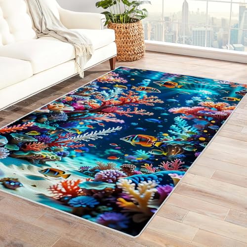 Zbeiba Teppich 50x80 cm, Korallen-Goldfisch 3D Muster, Wohnzimmer Teppich,Weicher Kurzflor Teppiche für Schlafzimmer, Kinderzimmer, Flur, Antirutsch, Waschbarer,Heimdekoration von Zbeiba