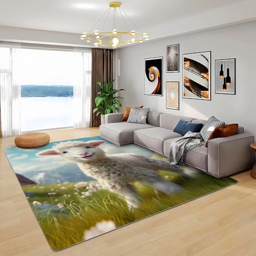 Zbeiba Teppich 50x80 cm, Lämmer auf der Bergwiese 3D Muster, Wohnzimmer Teppich,Weicher Kurzflor Teppiche für Schlafzimmer, Kinderzimmer, Flur, Antirutsch, Waschbarer,Heimdekoration von Zbeiba