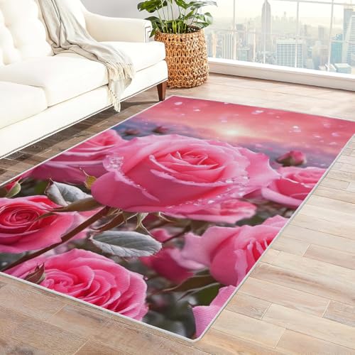 Zbeiba Teppich 50x80 cm, Rosa Rosenblüte 3D Muster, Wohnzimmer Teppich,Weicher Kurzflor Teppiche für Schlafzimmer, Kinderzimmer, Flur, Antirutsch, Waschbarer,Heimdekoration von Zbeiba