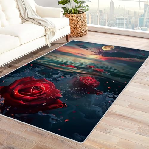 Zbeiba Teppich 50x80 cm, Rosenblüten 3D Muster, Wohnzimmer Teppich,Weicher Kurzflor Teppiche für Schlafzimmer, Kinderzimmer, Flur, Antirutsch, Waschbarer,Heimdekoration von Zbeiba