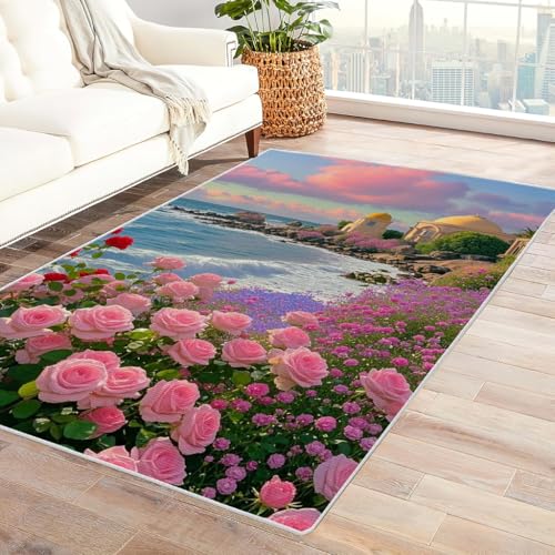 Zbeiba Teppich 50x80 cm, Rosenblüten am Meer 3D Muster, Wohnzimmer Teppich,Weicher Kurzflor Teppiche für Schlafzimmer, Kinderzimmer, Flur, Antirutsch, Waschbarer,Heimdekoration von Zbeiba