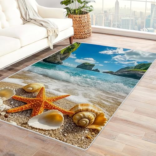 Zbeiba Teppich 50x80 cm, Seesterne und Muscheln am Strand 3D Muster, Wohnzimmer Teppich,Weicher Kurzflor Teppiche für Schlafzimmer, Kinderzimmer, Flur, Antirutsch, Waschbarer,Heimdekoration von Zbeiba