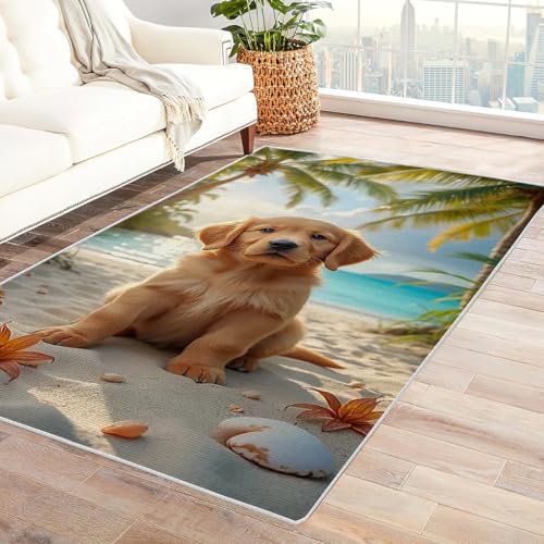 Zbeiba Teppich 50x80 cm, Strand-Hund 3D Muster, Wohnzimmer Teppich,Weicher Kurzflor Teppiche für Schlafzimmer, Kinderzimmer, Flur, Antirutsch, Waschbarer,Heimdekoration von Zbeiba