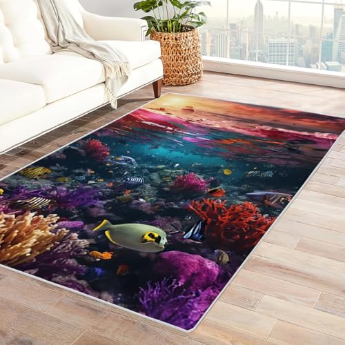 Zbeiba Teppich 50x80 cm, Unterwasser-Korallen Goldfisch 3D Muster, Wohnzimmer Teppich,Weicher Kurzflor Teppiche für Schlafzimmer, Kinderzimmer, Flur, Antirutsch, Waschbarer,Heimdekoration von Zbeiba
