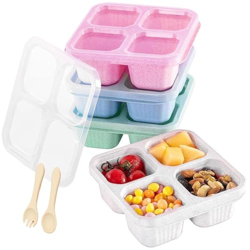 Zbssny 4 Stück Snackbox mit Fächern Lunchbox mit 4 Fächern, Transparentem Deckel & Edelstahl Fruchtgabel Wiederverwendbare Snackbehälter für Schule, Arbeit & Reisen (4 Farben) von Zbssny