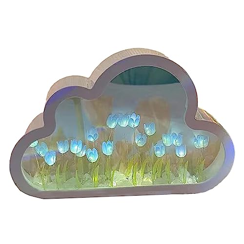 Zceplem Wolken-Tulpenlampe, 2-in-1-Wolken-Tulpen-Schreibtischlampe mit Spiegel, Spiegel-Wolken-DIY-Desktop-Ornamente, Tulpen-Nachtlicht, LED-Nachttischlampe, Heimdekoration für Schlafzimmer von Zceplem