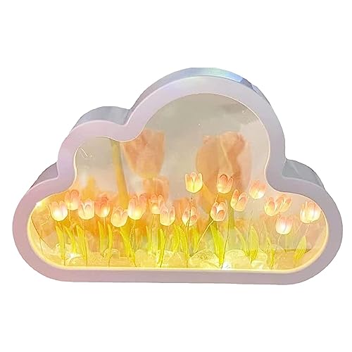 Zceplem Wolken-Tulpenlampe, 2-in-1-Wolken-Tulpen-Schreibtischlampe mit Spiegel, Spiegel-Wolken-DIY-Desktop-Ornamente, Tulpen-Nachtlicht, LED-Nachttischlampe, Heimdekoration für Schlafzimmer von Zceplem