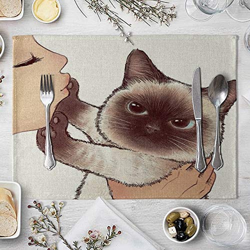 Tischset abwaschbar Katze Leinentischmatte nette Katze Cartoon-Tiermuster-Tischsets for Kinder Kinder Küche Essplatz Matten-Auflagen (Color : 6) von Zcm