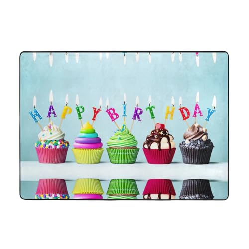 Zcmkjlg Bunter Flanell-Teppich "Happy Birthday", Cupcake-Druck, 203 x 147 cm, weicher, rutschfester Teppich, Wohnzimmermatte, große weiche Couchtischmatte von Zcmkjlg